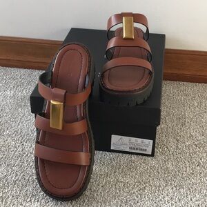 Massimo Dutti Brown Leather Sandals with Gold Accent